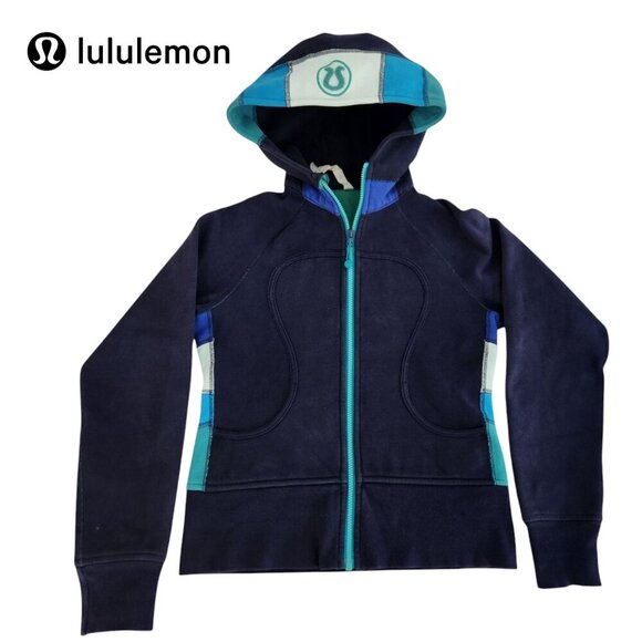 LULULEMON Scuba Hoodie Jacket Zip-Up color block navy teal and blue  - Size 6 - Picture 1 of 13